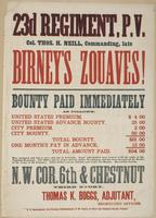 23d Regiment P.V. Col. Thos. H. Neill commanding, late Birney's Zouaves! : Bounty paid immediately as follows: United States premium, $4 00 United States advance bounty, 25 00 City premium, 2 00 City bounty 50 00 Total bounty $81 00 One month's pay in adv