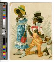 [African American woman being courted by an African American man suitor as a dog bites his pants] [graphic].