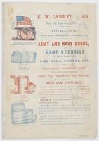 E.W. Carryl & Co. No. 715 Chestnut Street, Masonic Hall, Philadelphia. Silver plated wares and house furnishing goods. : Army and navy goods, and camp utensils of every description, fire arms, swords, etc. United States government depot for furnishing sol