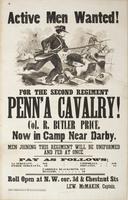 Active men wanted! For the Second Regiment Penn'a Cavalry! : Col. R. Butler Price, now in camp near Darby. Men joining this regiment will be uniformed and fed at once. Pay as follows: 1st sergeant, $22 Other sergeants, 19 Corporals, $16 Privates, 14 Farri