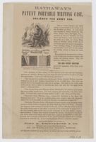 Hathaway's patent portable writing case, designed for army use. : This is a neat, compact, and useful article, so constructed as to combine both the portfolio and desk. A small metal case contains a patent secure-top inkstand, paper, pens, envelopes. &c.,