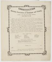 Constitution of the Christian Association of Bethlehem and Vicinity, : (auxiliary to the United States Christian Commission). Adopted March 17th, 1864. ... The object of this association shall therefore be to promote the spiritual as well as temporal welf