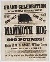 Grand celebration of the Battle of Buena Vista! : Come see it. Come see it. The slaughtering of a mammoth hog which is supposed by many good judges to wiegh 800 pounds! will take place at the house of W.S. Sager, Willow Grove on Monday, Feb. 23d, 1863, at