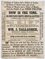 Now is the time. 50,000 pairs boots, shoes & gaiters cheaper than ever. : Read the following prices, and judge for yourselves: ... Ladies' and children's shoes of all descriptions at the lowest prices. Gum boots, sea, water, gunning, fishing and ditching 