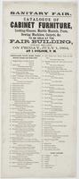 Sanitary Fair. : Catalogue of cabinet furniture, looking-glasses, marble mantels, fonts, sewing machines, carpets, &c. to be sold at the fair building, (Logan Square.) On Friday, July 1, 1864, at 1 o'clock, p.m. ...