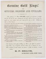 Genuine gold rings! for officers, soldiers and civilians. : The following 16 karat gold rings, stamped and warranted, as manufactured for the last ten years, exclusively for the trade, will now be sent, of any size required, by mail, postage paid, upon re