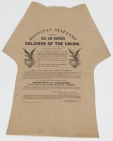 Hospital slippers for the sick and wounded soldiers of the Union. : Directions. Cut the lining three-quarters of an inch larger than the outside all round, turn over and stich through, over seam the backs together and sew to the soles--round them out a li