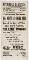 Metropolis Varieties! : No. 140 South Third Street. Andy Schawers proprietor Admission free Admission free. Immense success of Lida White and Frank Wood in their challenge dance. Look at the array of talent: Miss Lida White, champion jig dancer of the wor