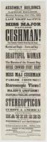 Assembly Buildings Tenth & Chestnut Streets. Large saloon. Monday evening, Oct'r 17th, 1864 : Last night but five of Miss Major Pauline Cushman! The famous Union spy and scout. Married and single--grave and gay--heroes by sea and land--statesmen and civil