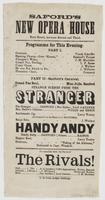 Sanford's new Opera House Race Street, between Second and Third. : Programme for this evening ... Strange scenes from the stranger ... Handy Andy. ... To conclude with the opera of The rivals! ...