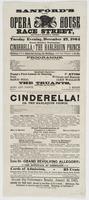 Sanford's new Opera House Race Street, between Second & Third, : Tuesday evening, December 27, 1864 Grand holiday pantomime, Cinderella, or The harlequin prince Children will be admitted during the holidays, with their parents, at 15 cts. Programme. ... T