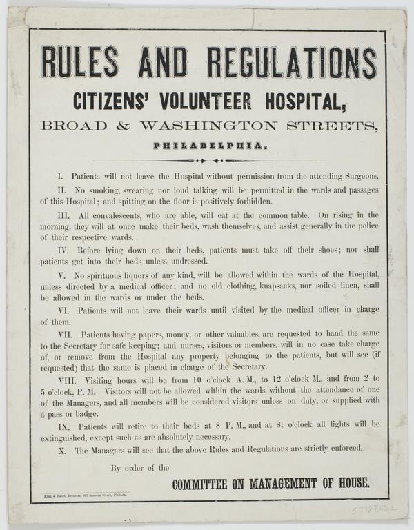 Rules and regulations Citizens' Volunteer Hospital, Broad