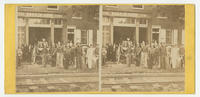 [Hand-in-Hand Fire Company fire fighters and steam engine in front of the company fire station at Ninth Street above Poplar Street, Philadelphia]