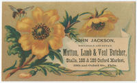 John Jackson, wholesale and retail mutton, lamb & veal butcher, stalls, 188 & 189 Oxford Market, 20th and Oxford Sts., Phila.