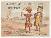 "Mack's milk chocolate." The best! It is pure! Ready for instant use. Boiling water only required.