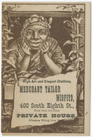 High art and elegant clothing. Merchant tailor misfits, 400 South Eighth St., first door bel. Pine. Private house. Please ring the bell.