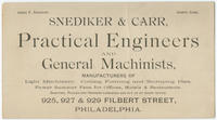 Snediker & Carr, practical engineers and general machinists, manufacturers of light machinery, cutting, forming and stamping dies. Power summer fans for offices, hotels & restaurants. Shafting, pullies and hangers furnished and put up at short notice. 925