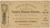 Votti & Newman, manufacturers of Votti's patent clocks, with one year movements, also, one month movements with winding-up designs. 2132 Market Street, Philadelphia, Pa.