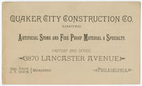 Quaker City Construction Co. limited. Artificial stone and fire proof material a specialty. Factory and office. 3870 Lancaster Avenue. Philadelphia.