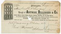 Bought of Artman, Dillinger & Co. Wholesale dealers in cotton yarns, carpet chain, carpets, ratting, wadding, tie, and wick yarns, oil cloths, window sh[ades], door mats, grain bags, cordage brushes, looking glasses, wood[en] [a]nd willow ware, &c. 104 No