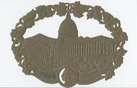 [Die-cut textile label depicting the United States Capitol Building]