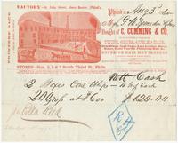 Bought of C. Cumming & Co. Manufacturers & dealers in twine, glues, curled hair, hide whips, sand paper, lace leather, horns, bones, neats' foot oil, plastering hair & c. Factory -St. John STreet, above Beaver, Philad'a. Stores---nos. 3, 5 & 7 South Third