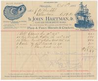 To John Hartman, dr. East End Steam Biscuit Work, No. 412 South Wharves, and 413 Penn St. Plain & fancy biscuit & crackers