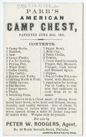 Parr's American camp chest, patented June 25th, 1861. For sale by Peter W. Rodgers, agent, No.