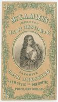 Mrs. S. A. Allen's improved hair restorer. Favorite hair dressing. New style in one bottle. Price, one dollar.