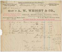 Bought of A. W. Wright & Co., importers and dealers in drugs, medicines, paints, oils, refined coal and lubricating oils, druggists' sundries, &c. Paint department, 124 Market Street. N.E. cor. Market and Front Streets.