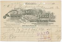 Bought of the Hasting and McIntosh Truss Co. Manufacturers of indestructible hard rubber trusses, (trade mark registered.), leather covered & elastic trusses, supporters, shoulder braces, etc. For the U.S. government, home & export trade. 224 South Ninth 