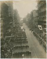 28th Division Parade in Philadelphia, May 15, 1919. Enthusiastic crowds welcome them from World War. Market Street
