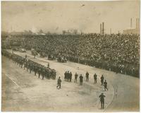 Marshall Joffre passes by Franklin Field. Assembled crowds waiting. Phila Pa
