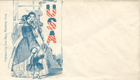 Two women with young girl looking into U.S.A. mirror envelope