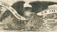 Eagle on shield with banner woodcut.
