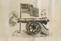 Cannon and flag woodcut