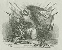 Eagle on drum with flags woodcut