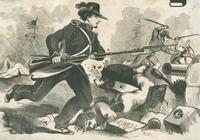 Union soldier charging forward in battle woodcut