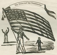 Three people with flag woodcut