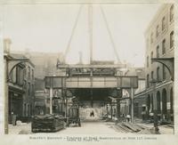 Progress of steel construction at bent 113, looking south on Front St., July 17, 1916.