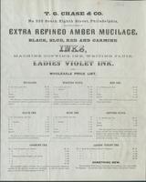 T. G. Chase & Co. no. 223 South Eighth Street, Philadelphia, manufacturers of extra refined amber mucilage, black, blue, red and carmine inks, machine copying ink, writing fluid, ladies' violet ink.