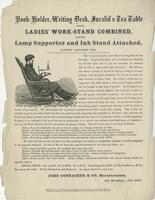 Book-holder, writing desk, invalid's tea table and ladies' work-stand combined, with lamp supporter and ink stand attached.