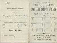 Price list of George Lane's patent capillary grooved rulers, with paper cutter and scale attachment..