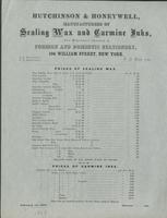 Hutchinson & Honeywell, manufacturers of sealing wax and carmine inks, and wholesale dealers in foreign and domestic stationery, 104 William Street, New York.