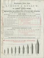 Wholesale price list of Ludden & Kellum, manufacturers of 14 carat gold pens: also, gold and silver pen and pencil cases of the latest styles and patterns.