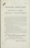 Reduced price list of McGill's patent paper fastener.
