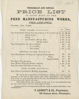 Wholesale and retail price list of goods made at the Penn Manufacturing Works, Philadelphia.