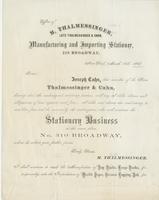 Office of M. Thalmessinger, late Thalmessing & Cahn, manufacturing and importing stationer, 310 Broadway, New York, March 18th, 1868.
