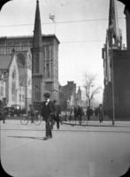 Broad St. looking N. from Filbert, showing the four churches on 4 corners of Arch St. 