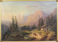 Mountains with Cottage and Person with Cart
